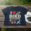 T-shirt design featuring the text "I Love Bird Watching" with a red heart and illustrations of various birds and flowers