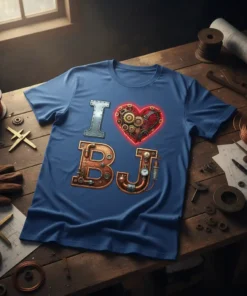 I Love BJ Steampunk Heart T-Shirt with intricate gears and copper pipes forming the letters and heart graphic