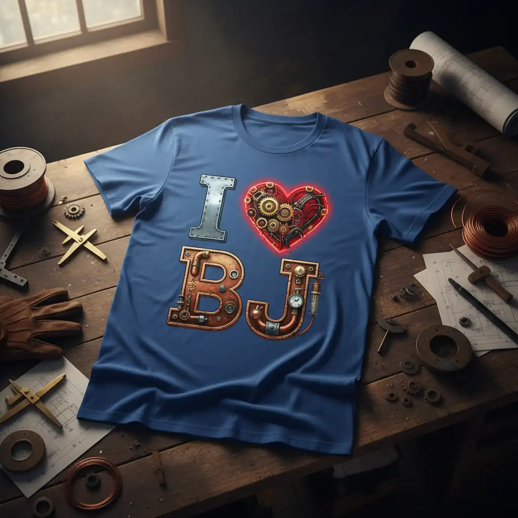 I love BJ steampunk heart bold typography printed on durable material creating a standout t-shirt