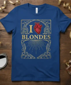 I Love Blondes t-shirt with anatomical heart graphic and gold ornate frame, navy blue tee
