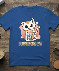 I Love Boba Cat T-Shirt featuring a kawaii cat drinking bubble tea, with text "I LOVE BOBA CAT" below