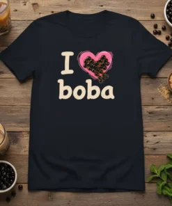 Navy t-shirt with "I Love Boba" text and a pink heart filled with tapioca pearls, the primary keyword is I