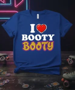 I Love Booty Booty text design with a red heart and glitter accents on a royal blue t-shirt