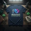 I Love Brains t-shirt with neon heart and brain graphic and graffiti-style text