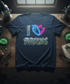 I Love Brains t-shirt with neon heart and brain graphic and graffiti-style text