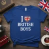 I Love British Boys t-shirt with a Union Jack heart graphic in white text