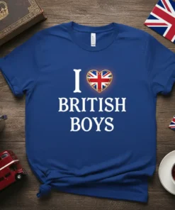 I Love British Boys t-shirt with a Union Jack heart graphic in white text