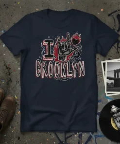 Navy t-shirt with "I Love Brooklyn" text, a rock on hand symbol, and a fiery heart graphic