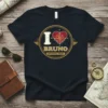 I Love Bruno Adventure Awaits t-shirt design with a vintage compass heart graphic and distressed typography
