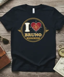 I Love Bruno Adventure Awaits t-shirt design with a vintage compass heart graphic and distressed typography