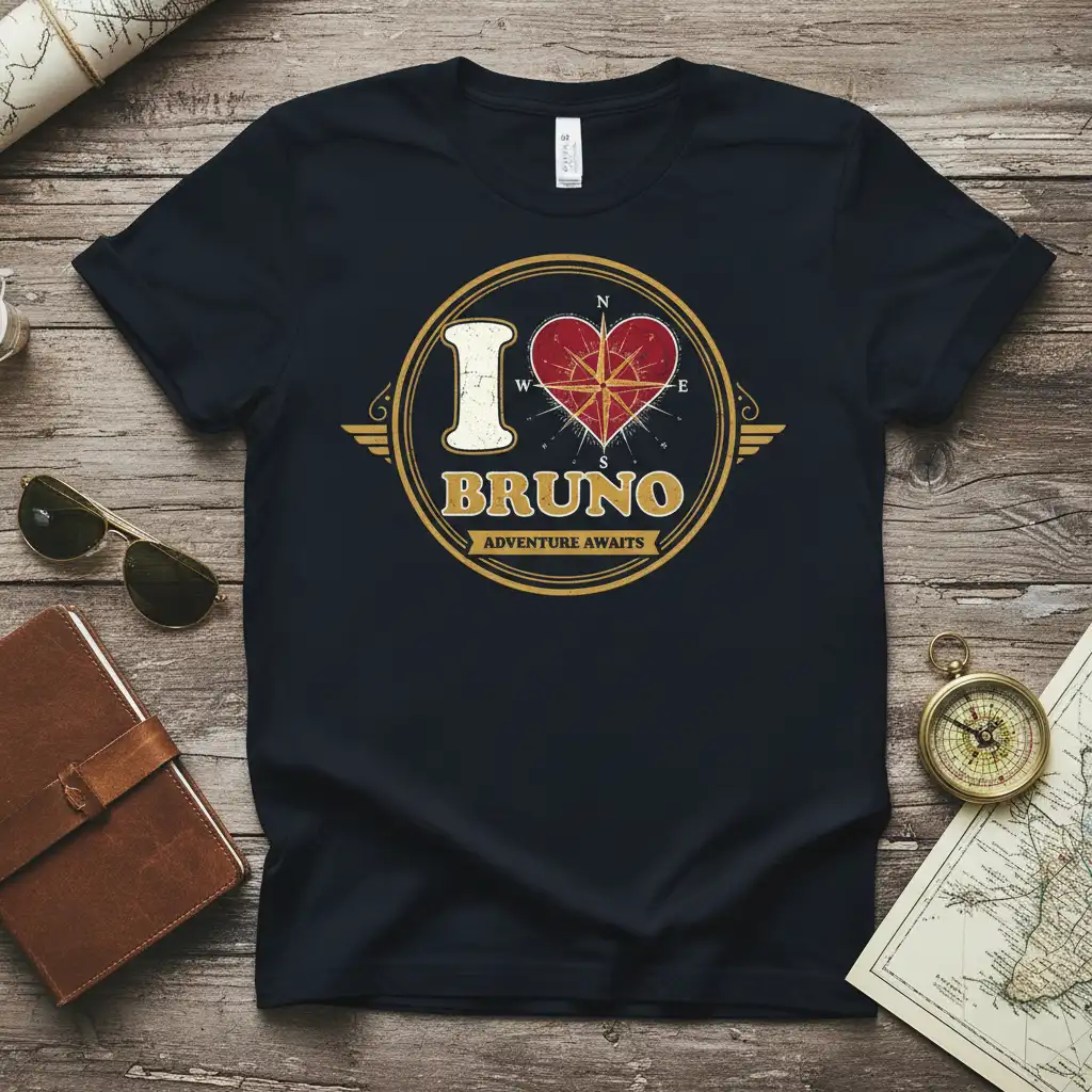 I Love Bruno Adventure Awaits quote on a navy t-shirt with a distressed heart and compass graphic