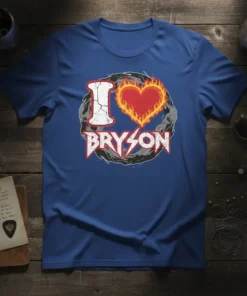 I Love Bryson t-shirt with a flaming heart graphic and distressed text, designed for city pride
