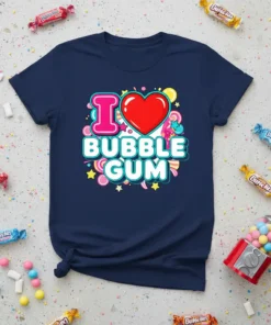 I love bubble gum text with a red heart and colorful candy graphics on a navy t-shirt