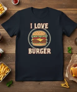 I Love Burger text with a graphic of a juicy hamburger on a dark t-shirt