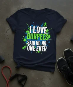 Funny "I Love Burpees Said No One Ever" quote on a navy t-shirt, featuring green and blue abstract graphic elements