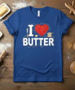 I LOVE BUTTER t-shirt design with a red heart and kitchen utensils, perfect for bakers