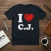 I Love C.J. t-shirt with white text and a red geometric heart graphic