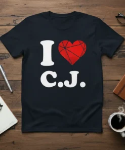 I Love C.J. t-shirt with white text and a red geometric heart graphic