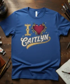 I Love Caitlyn T-Shirt with a decorative red heart and golden "I" and "Caitlyn" text in a vintage script style