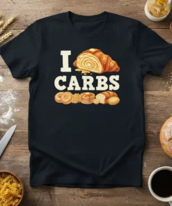 Black t-shirt with "I LOVE CARBS" text and illustrations of a croissant, bagels, pancakes, and bread