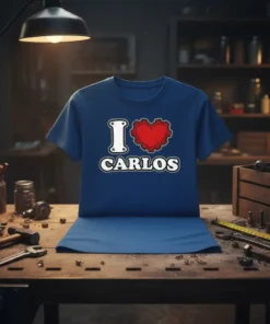 I Love Carlos T-Shirt with red heart and gear graphic, personalized name design