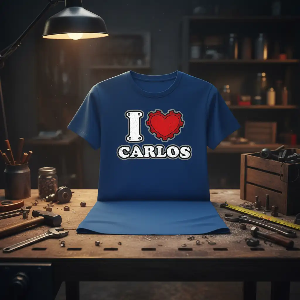 I Love Carlos T-Shirt design with a textured red heart and gear, celebrating Carlos