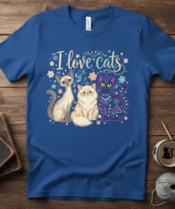 T-shirt with "I Love Cats" text and three cute cats in a floral design, Siamese, Ragdoll, and decorative cat