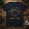 I Love Cats t-shirt design with a heart graphic containing multiple cats and a warm gradient color scheme