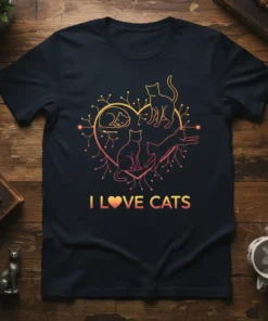 I Love Cats t-shirt design with a heart graphic containing multiple cats and a warm gradient color scheme