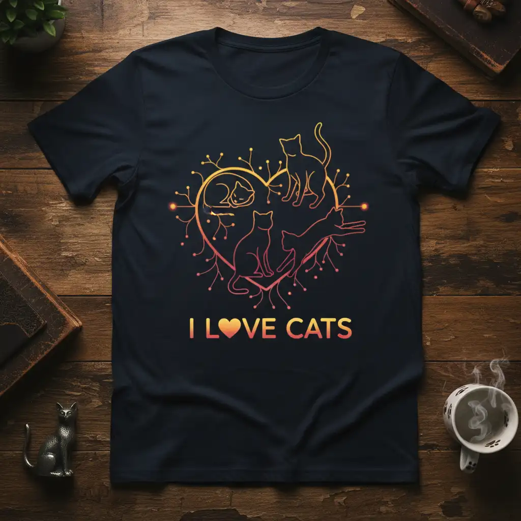 I Love Cats text with heart and cat silhouettes design on a dark navy t-shirt