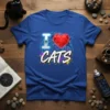 I LOVE CATS T-Shirt featuring a stylized red heart and a playful cat silhouette