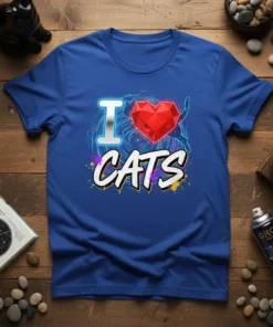 I LOVE CATS T-Shirt featuring a stylized red heart and a playful cat silhouette