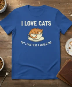 I LOVE CATS BUT I CAN'T EAT A WHOLE ONE text with a cute orange tabby cat sleeping in a