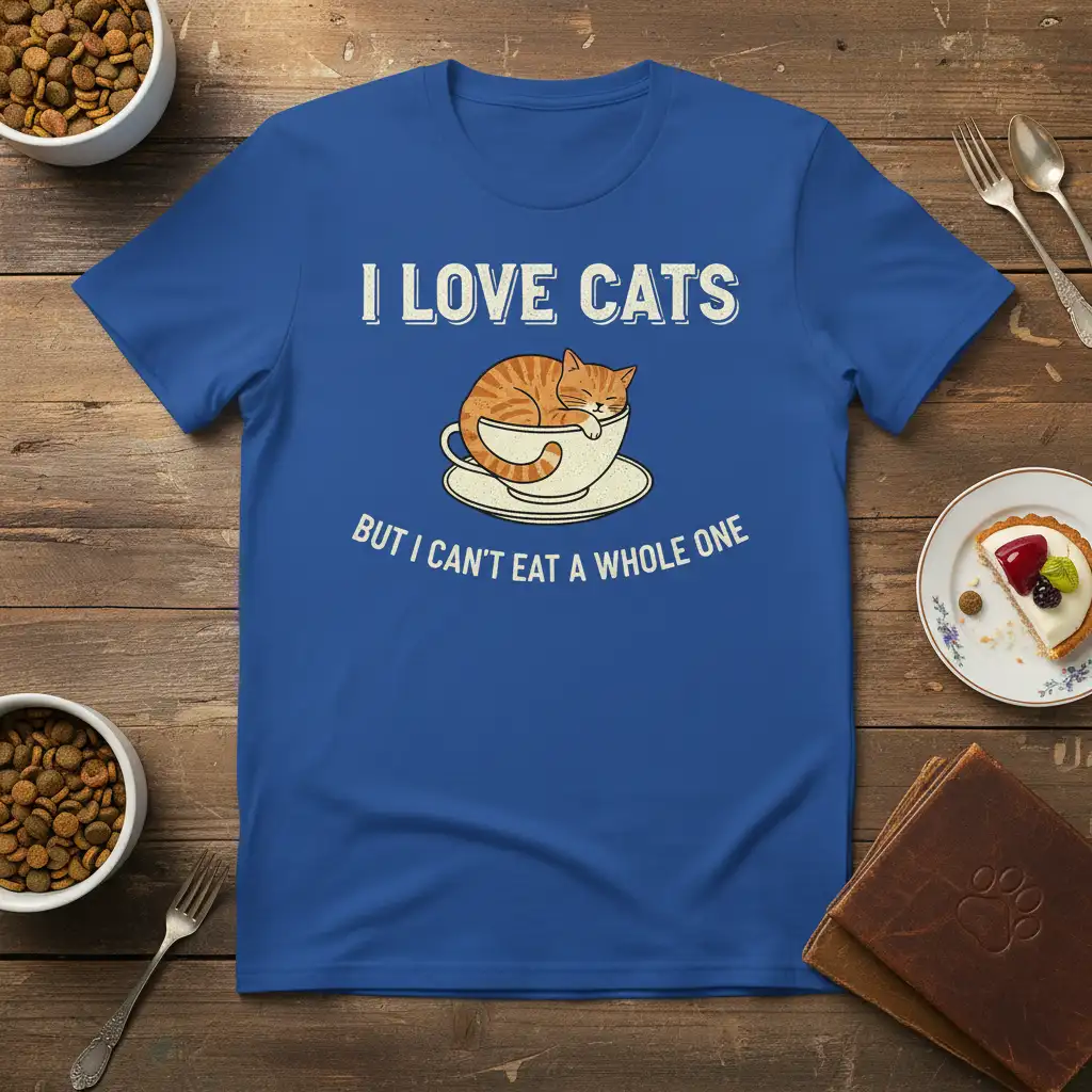 I LOVE CATS BUT I CAN'T EAT A WHOLE ONE humorous quote with sleeping cat in teacup graphic on blue tee