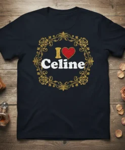 T-shirt with distressed white text "Celine" inside a gold ornate frame with red heart above, saying "I Love Celine"