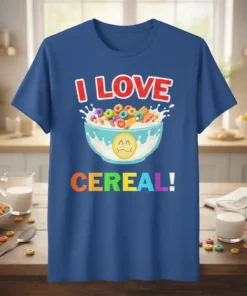 I LOVE CEREAL! text with a bowl of colorful cereal and a smiley face graphic on a blue t-shirt