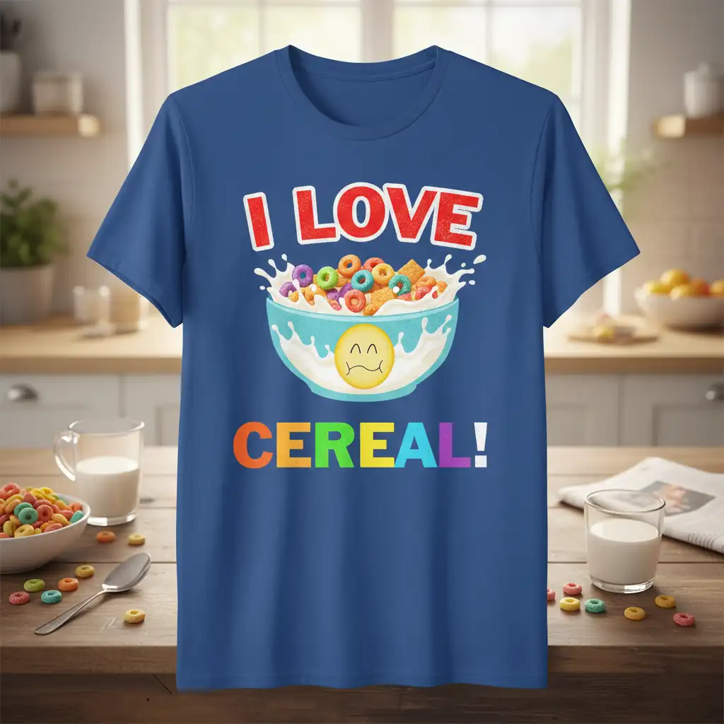 I LOVE CEREAL! text with splash and a bowl of colorful cereal featuring a smiley face graphic on a blue t-shirt