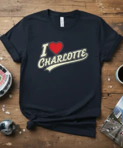 I Love Charlotte t-shirt with a red heart graphic and vintage-style text