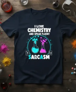 I Love Chemistry And Speak Fluent Sarcasm t-shirt design with beakers and chemical symbols