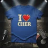 I Love Cher t-shirt design featuring gold glitter text and a large red heart graphic