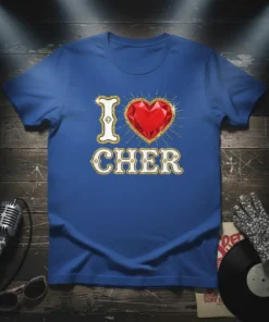 I Love Cher t-shirt design featuring gold glitter text and a large red heart graphic