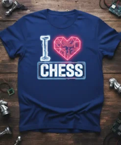 I Love Chess t-shirt design with a circuit board heart and neon blue accents