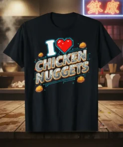 I Love Chicken Nuggets text with pixel heart and golden nugget graphics, retro gaming style t-shirt design