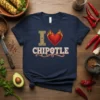 I Love Chipotle text design with a flaming heart graphic on a navy blue t-shirt