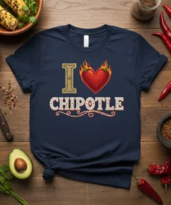 I Love Chipotle text design with a flaming heart graphic on a navy blue t-shirt