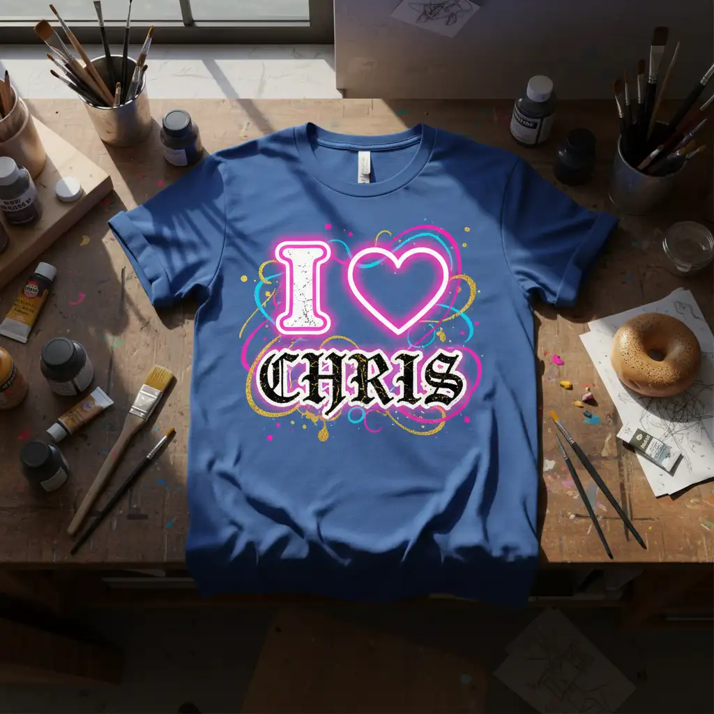 I Love Chris t-shirt design featuring a neon pink heart and gothic font for CHRIS