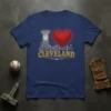 I Love Cleveland t-shirt design with a red geometric heart and bridge graphic