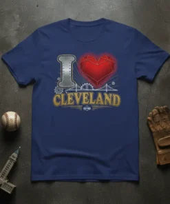 I Love Cleveland t-shirt design with a red geometric heart and bridge graphic
