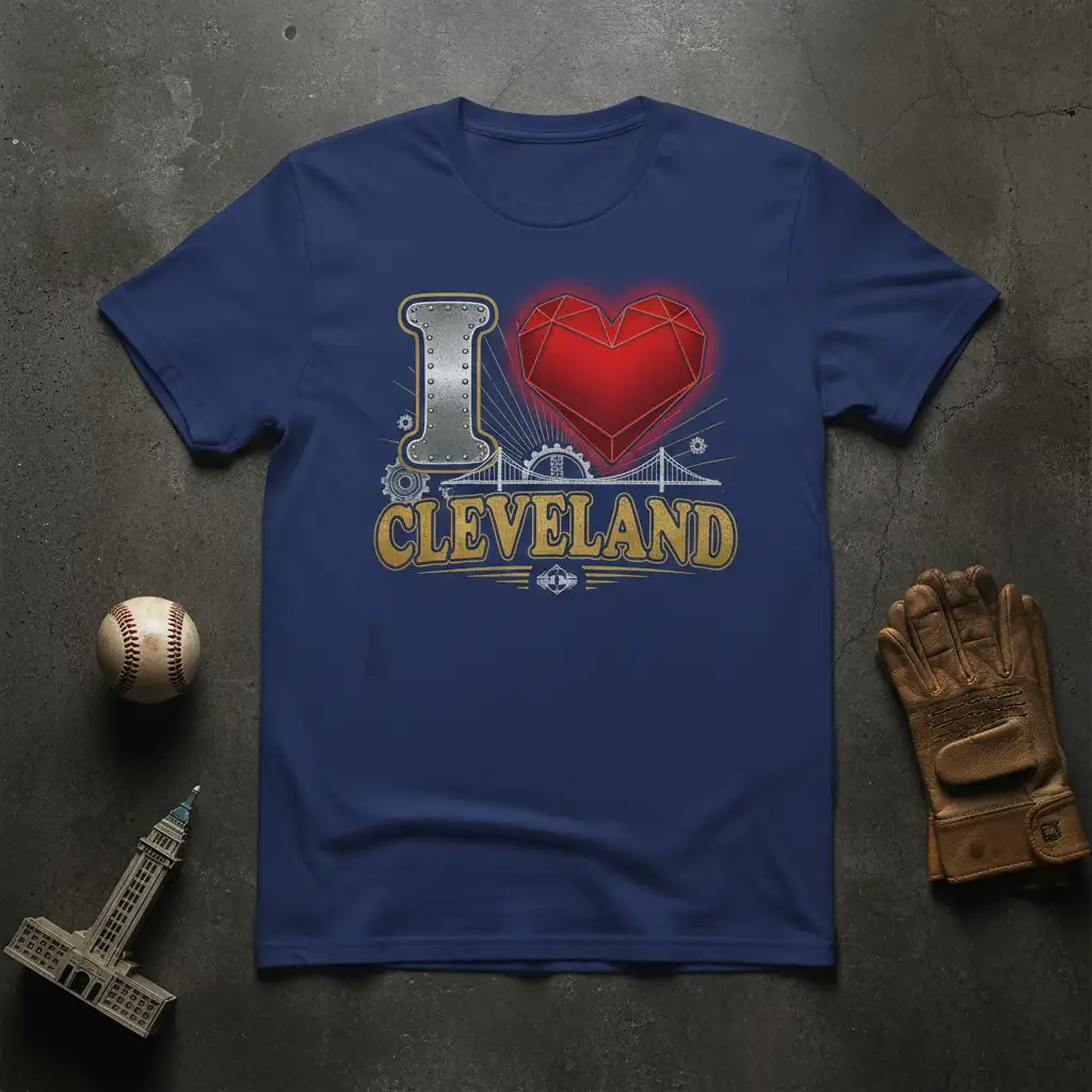 I Love Cleveland graphic t-shirt featuring a metallic 'I', geometric red heart, and city skyline