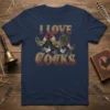 I Love Cocks T-Shirt design with a detailed rooster and several hens, featuring vintage-style lettering